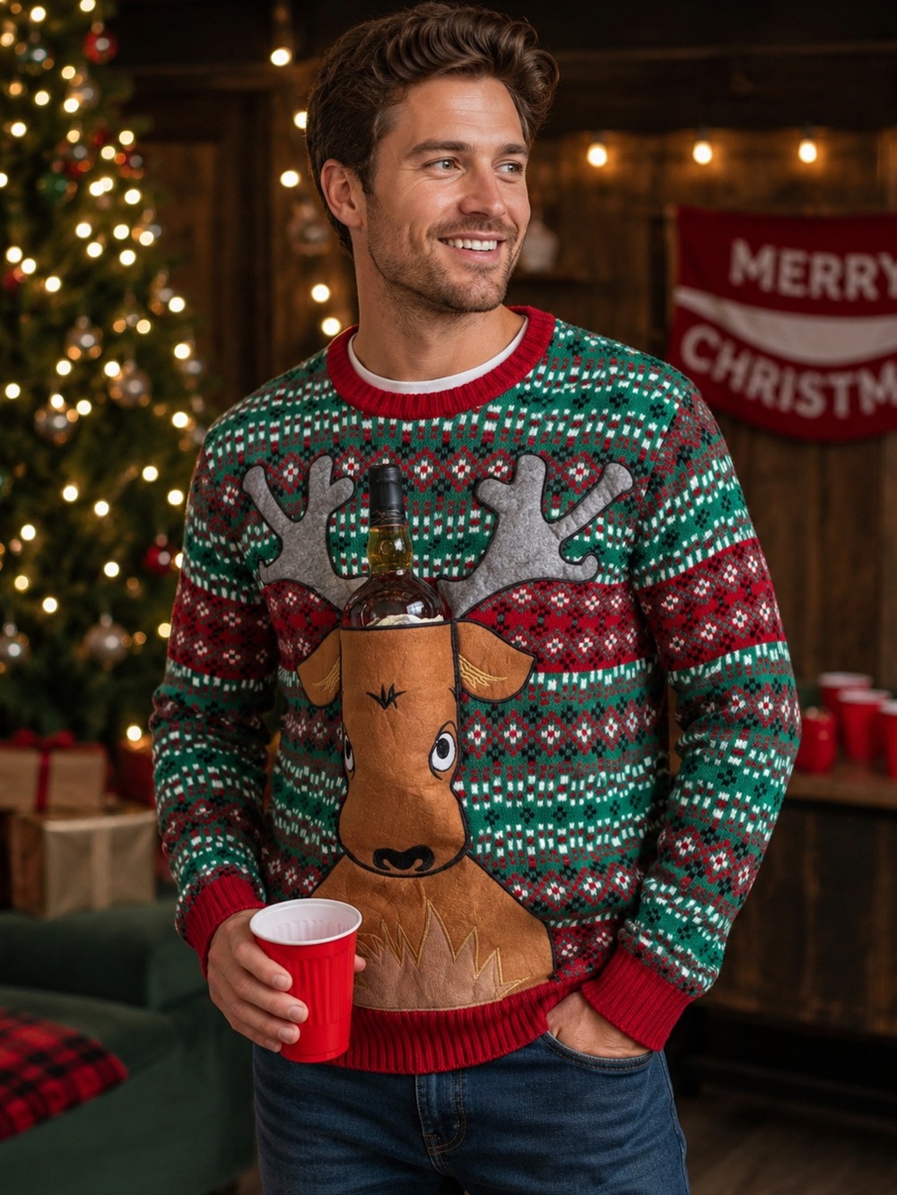 Blizzard Bay Reindeer Ugly Christmas Sweater Men’s M Beer Holder Party Pullover